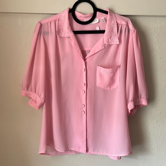 Vintage pink polyester button down short sleeve blouse by Josephine - Picture 1 of 7